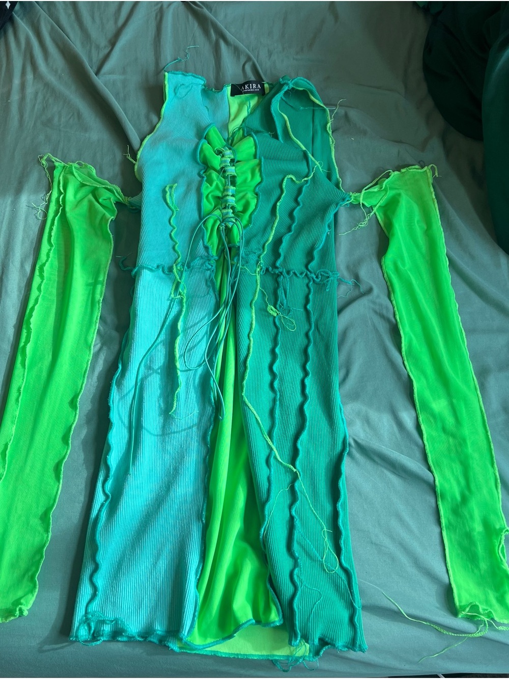 Akira Green Patchwork Cutout Lace-Up Mini Dress - Picture 5 of 7